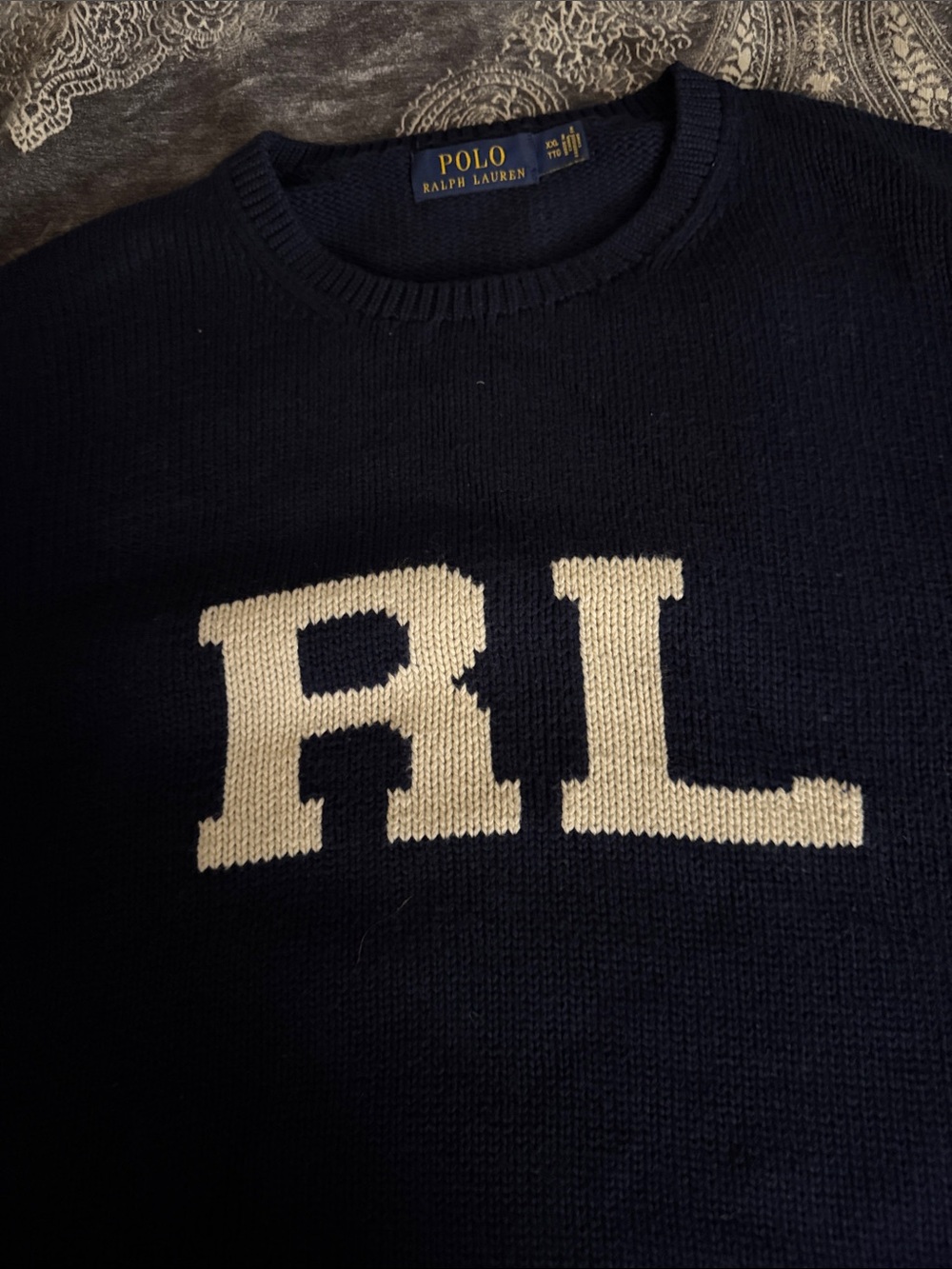 Polo by Ralph Lauren Navy Crewneck Sweater with Cream RL Logo - Picture 3 of 4